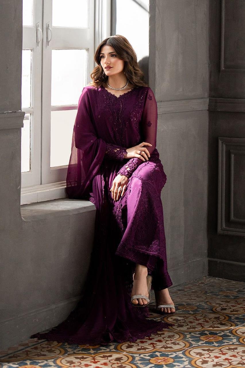 Azure Chiffon Heavy Embroidered Suit - Image 3
